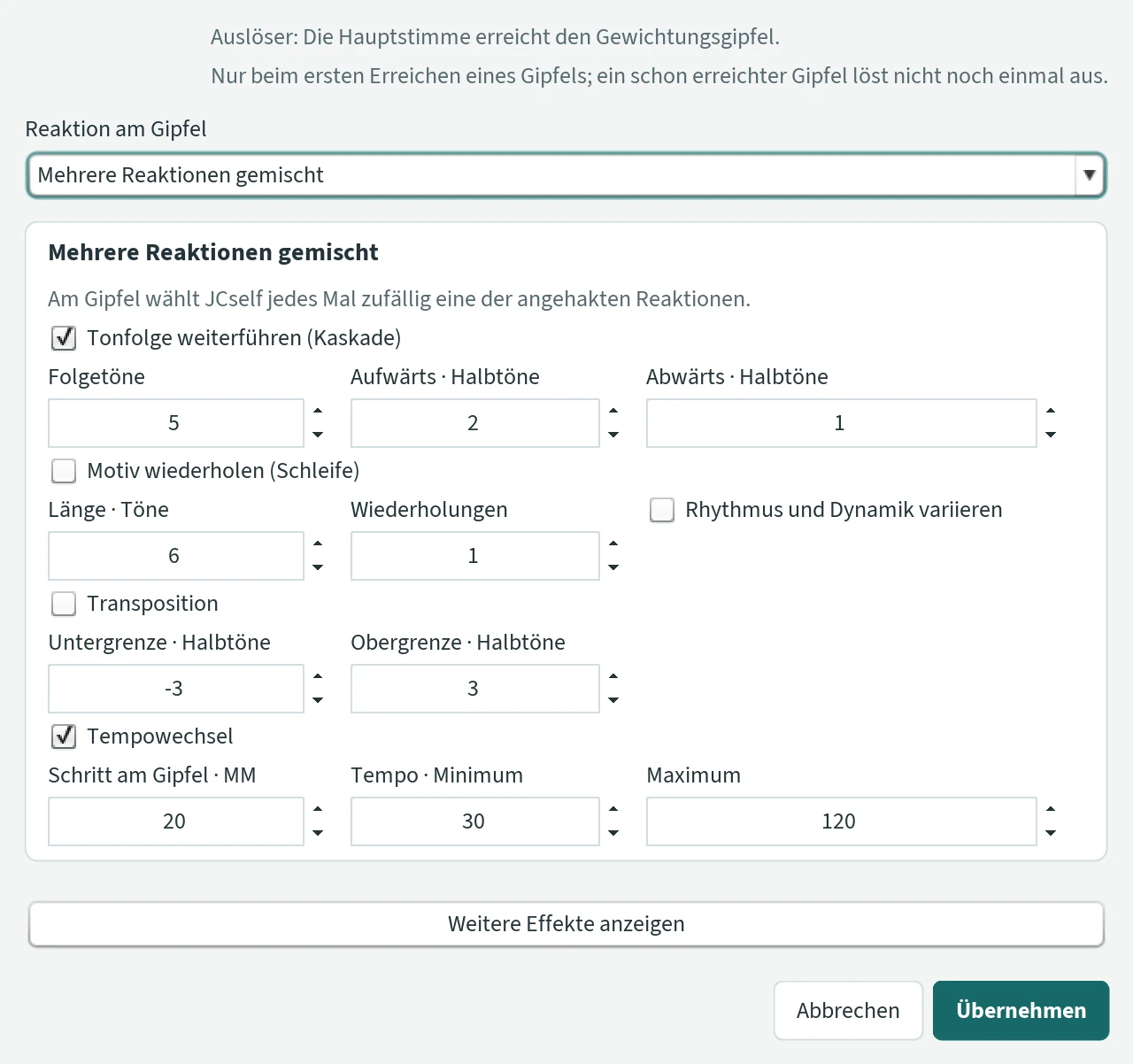 Window “Effekte” with “Mehrere Reaktionen gemischt”: ticked are Tonfolge weiterführen (Kaskade) and Tempowechsel, each reaction with its fields.