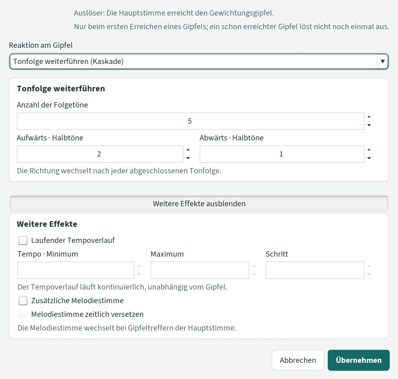 Fenster „Effekte · Gewichtungsgipfel“ mit der Reaktion Kaskade und den weiteren Effekten.