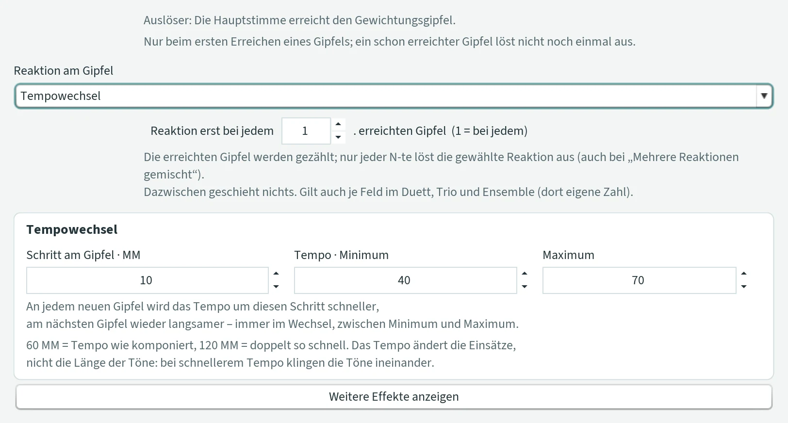 Window “Effekte · Gewichtungsgipfel” with the reaction Tempowechsel, the line “Reaktion erst bei jedem 1. erreichten Gipfel” and the fields Schritt am Gipfel, Tempo Minimum and Maximum.