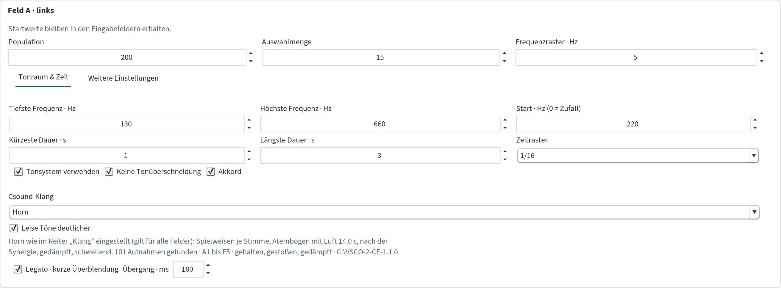 Tab “Feld A · links” in the trio window: Population, Auswahlmenge, Frequenzraster, Tonraum & Zeit with Tonsystem verwenden, Keine Tonüberschneidung and Akkord, Csound-Klang Horn, Leise Töne deutlicher, the line “Horn wie im Reiter Klang eingestellt (gilt für alle Felder)” and Legato.