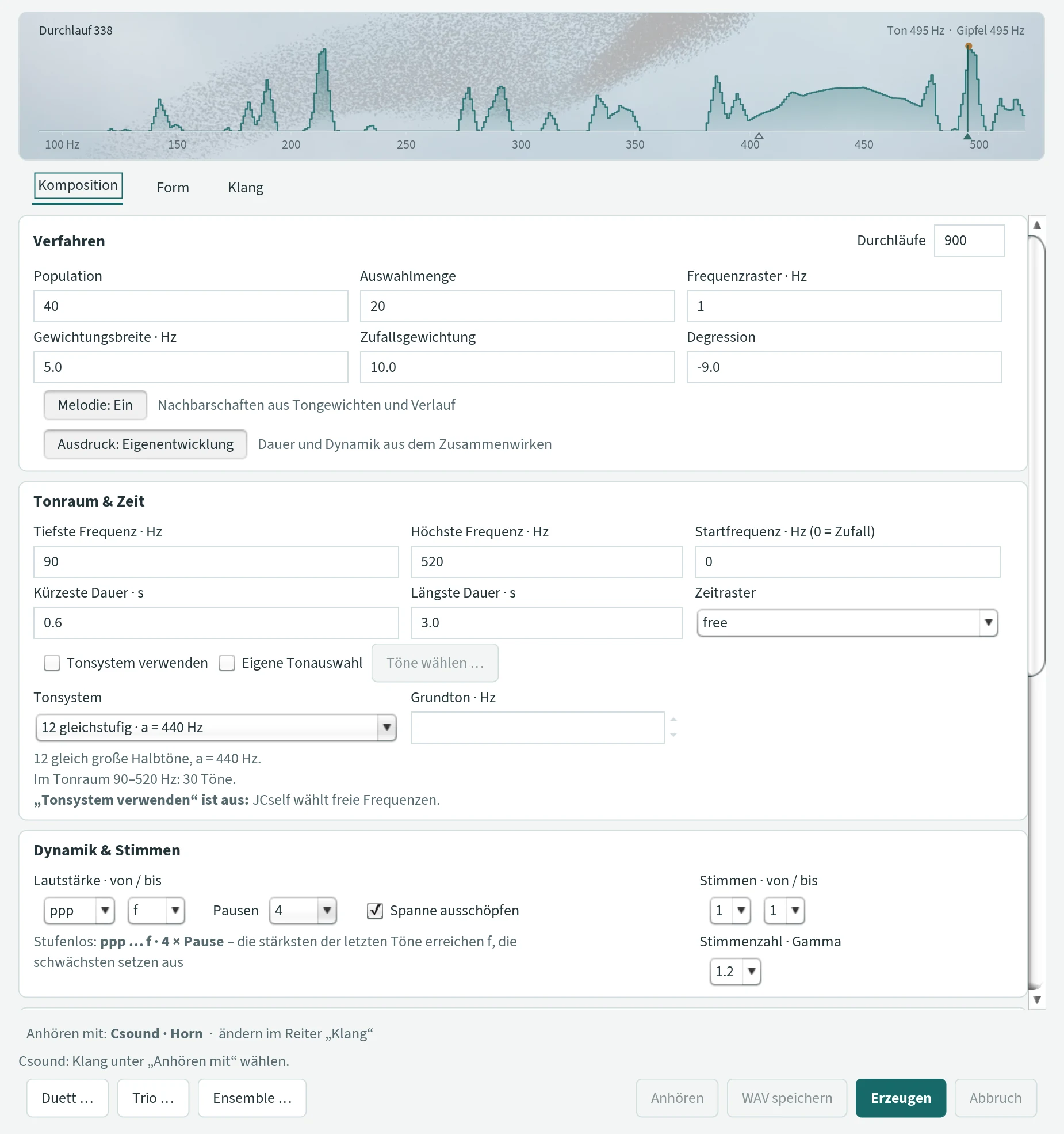 The main window of JCself after generating: the display with the mountains of the weight distribution at the top, below it the three tabs Komposition, Form and Klang with the tab “Komposition”, the buttons at the bottom.