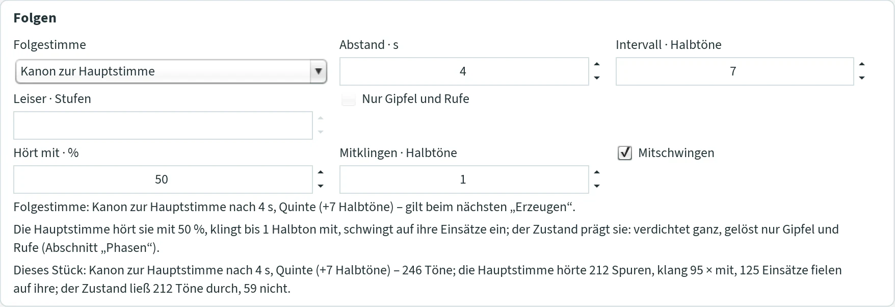 Section “Folgen”: Folgestimme “Kanon zur Hauptstimme”, Abstand 4 s, Intervall 7 semitones, Leiser (echo only), tick “Nur Gipfel und Rufe”; Hört mit 50 %, Mitklingen 1 semitone, tick “Mitschwingen”; the line about the setting, the line about the hearing (“Die Hauptstimme hört sie mit 50 %, klingt bis 1 Halbton mit, schwingt auf ihre Einsätze ein; der Zustand prägt sie: verdichtet ganz, gelöst nur Gipfel und Rufe”) and the line about the piece with the counts.