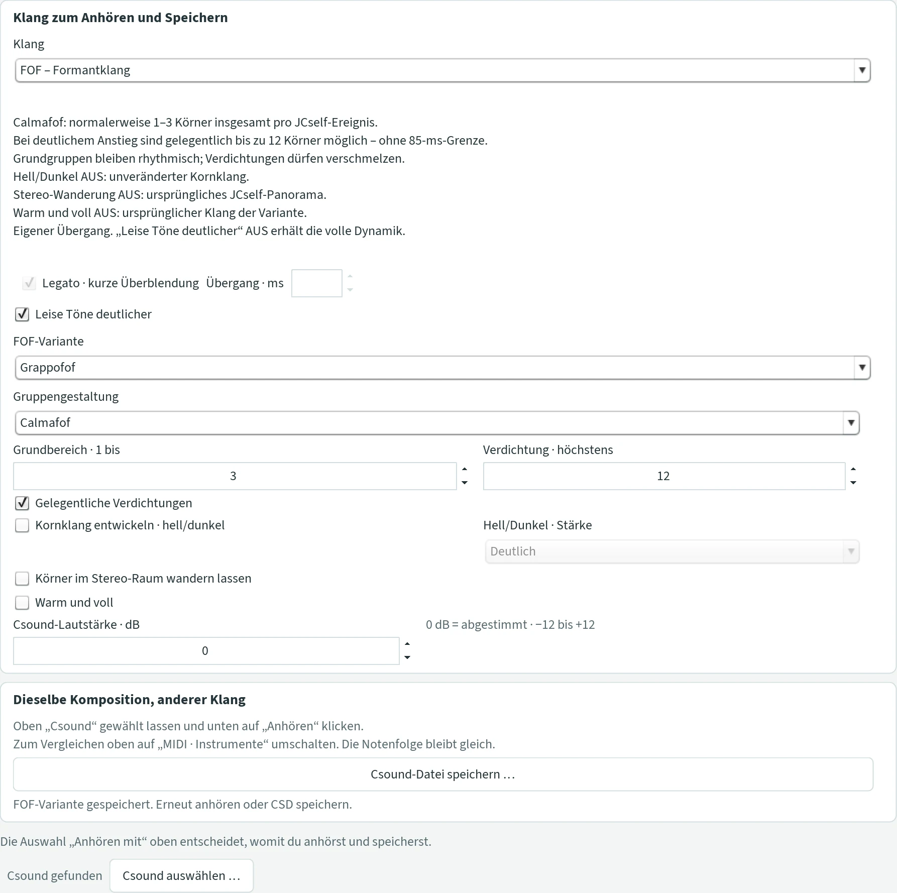 Die Csound-Einstellungen mit FOF – Formantklang und der Variante Grappofof samt Gruppeneinstellungen.