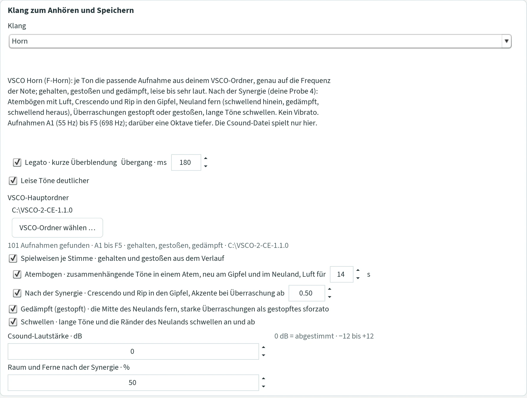The Csound settings with the sound Horn: VSCO main folder, Spielweisen je Stimme, Atembogen with air for 14 s, Nach der Synergie with Überraschung ab 0.50, Gedämpft (gestopft), Schwellen, Csound-Lautstärke and Raum und Ferne 50 %.