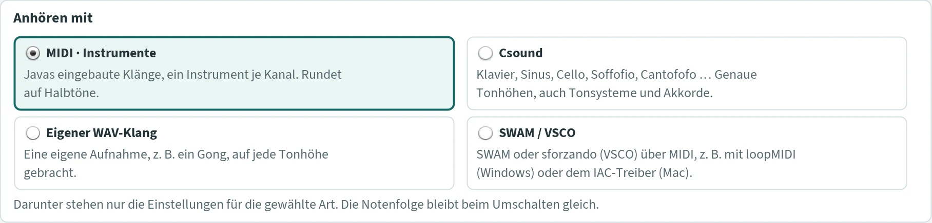 Abschnitt „Anhören mit“ mit den vier Karten MIDI · Instrumente, Csound, Eigener WAV-Klang und SWAM / VSCO.