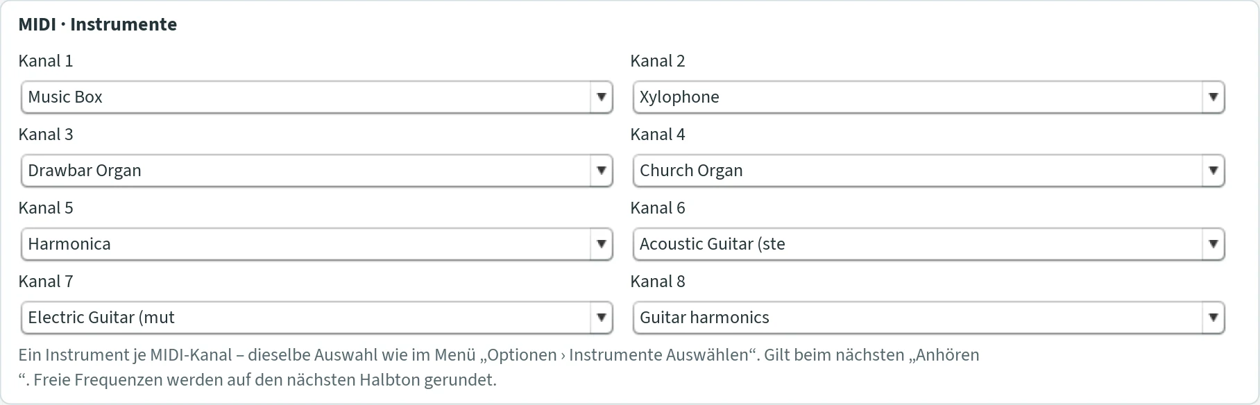 Abschnitt „MIDI · Instrumente“ mit acht Auswahllisten für Kanal 1 bis 8.