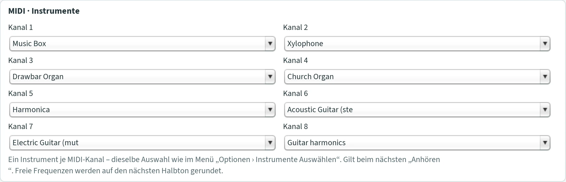 Section “MIDI · Instrumente” with eight lists for channels 1 to 8.