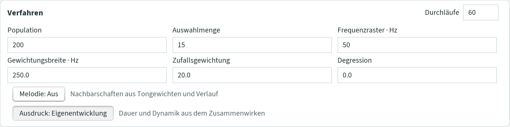 Section “Verfahren” with Durchläufe, Population, Auswahlmenge, Frequenzraster, Gewichtungsbreite, Zufallsgewichtung, Degression and the buttons Melodie and Ausdruck.