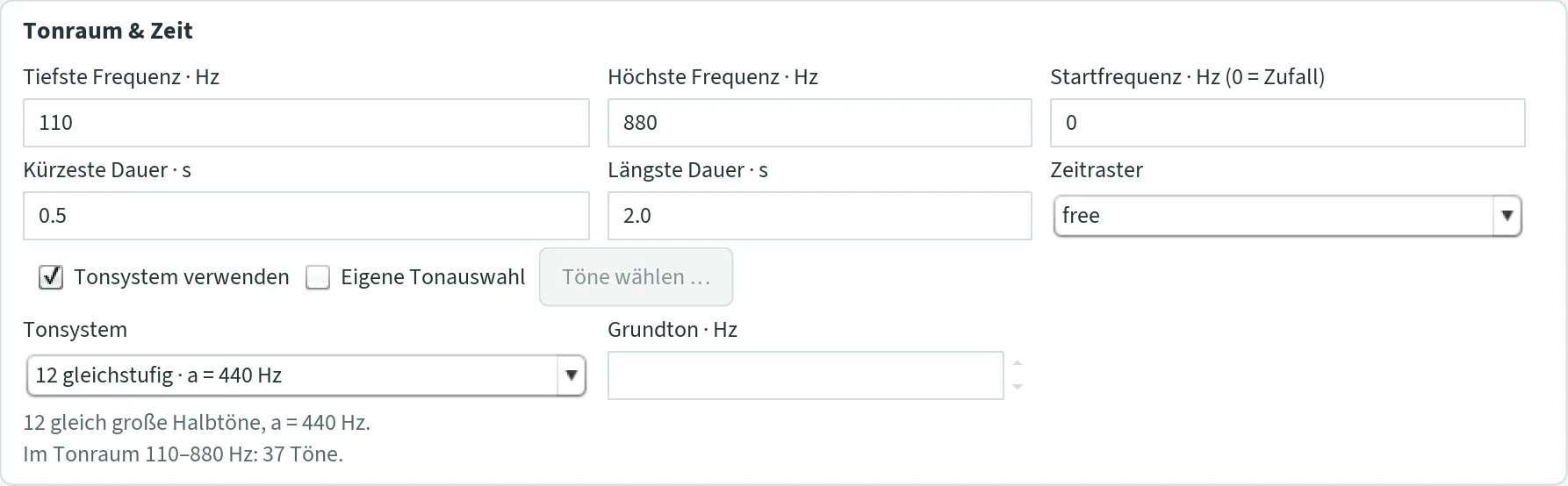 Abschnitt „Tonraum & Zeit“ mit Frequenzen, Startfrequenz, Dauern, Zeitraster, Tonsystem und Grundton.