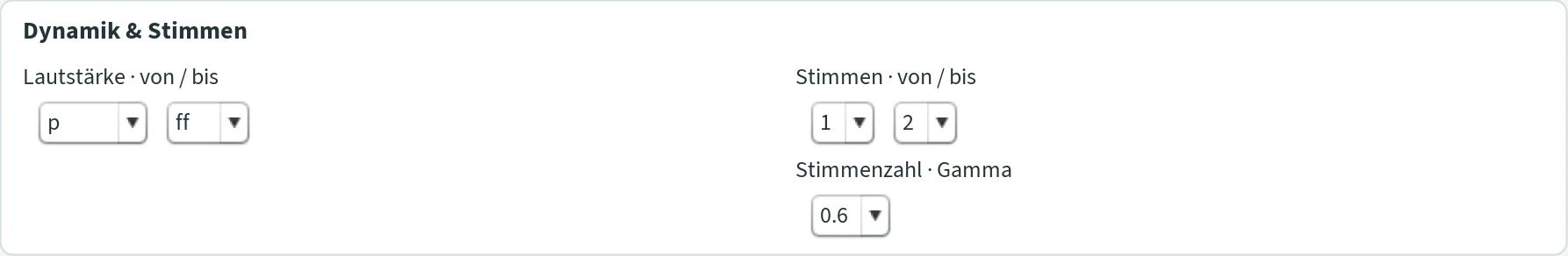 Abschnitt „Dynamik & Stimmen“ mit Lautstärke von/bis, Stimmen von/bis und Stimmenzahl · Gamma.