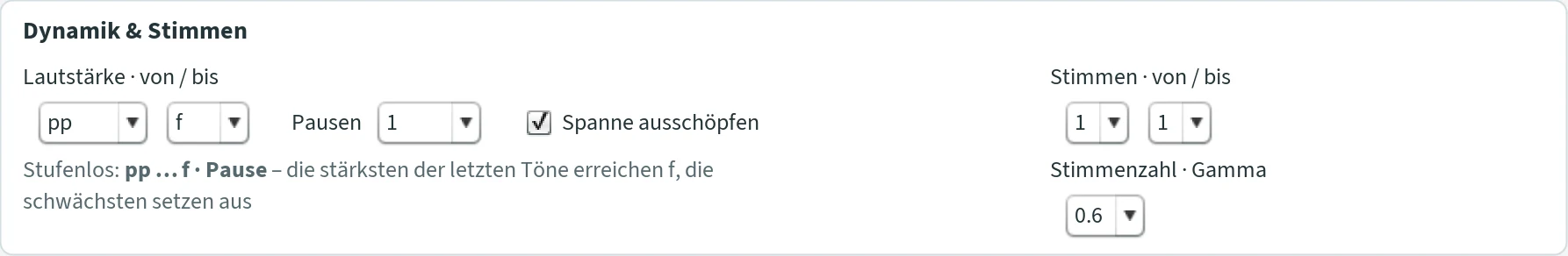 Section “Dynamik & Stimmen” with loudness from/to (pp to f), Pausen 1, Spanne ausschöpfen, the line “Stufenlos: pp … f · Pause”, voices from/to and number of voices · gamma.