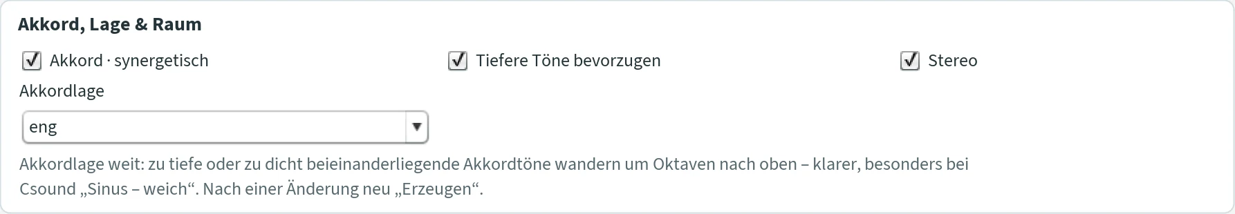 Section “Akkord, Lage & Raum” with Akkord · synergetisch, Tiefere Töne bevorzugen, Stereo and Akkordlage.