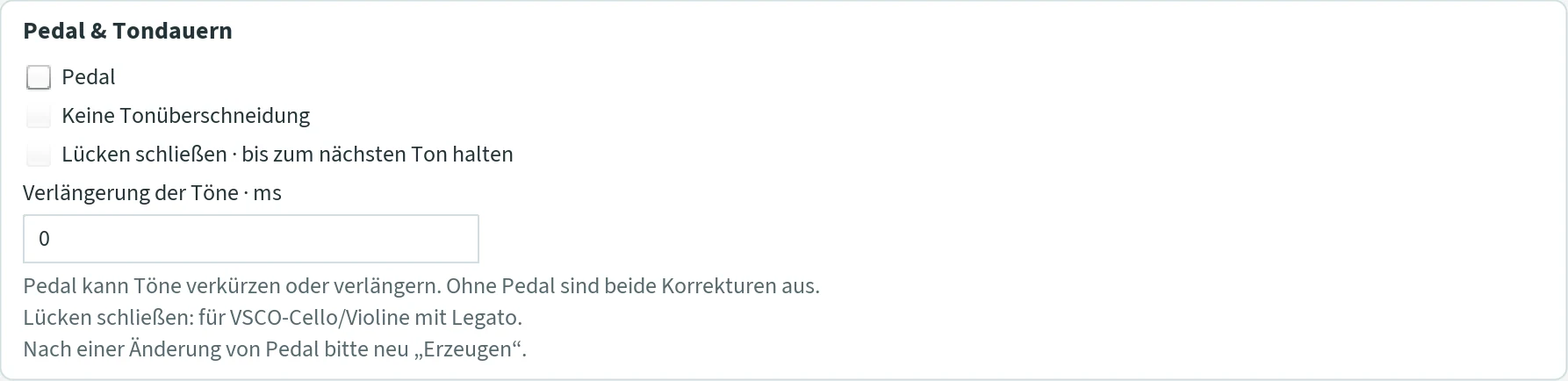 Section “Pedal & Tondauern” with Pedal, Keine Tonüberschneidung, Lücken schließen and Verlängerung der Töne.