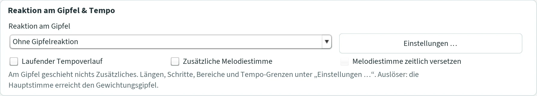 Abschnitt „Reaktion am Gipfel & Tempo“ mit der Auswahl der Reaktion, dem Knopf Einstellungen und drei Haken.