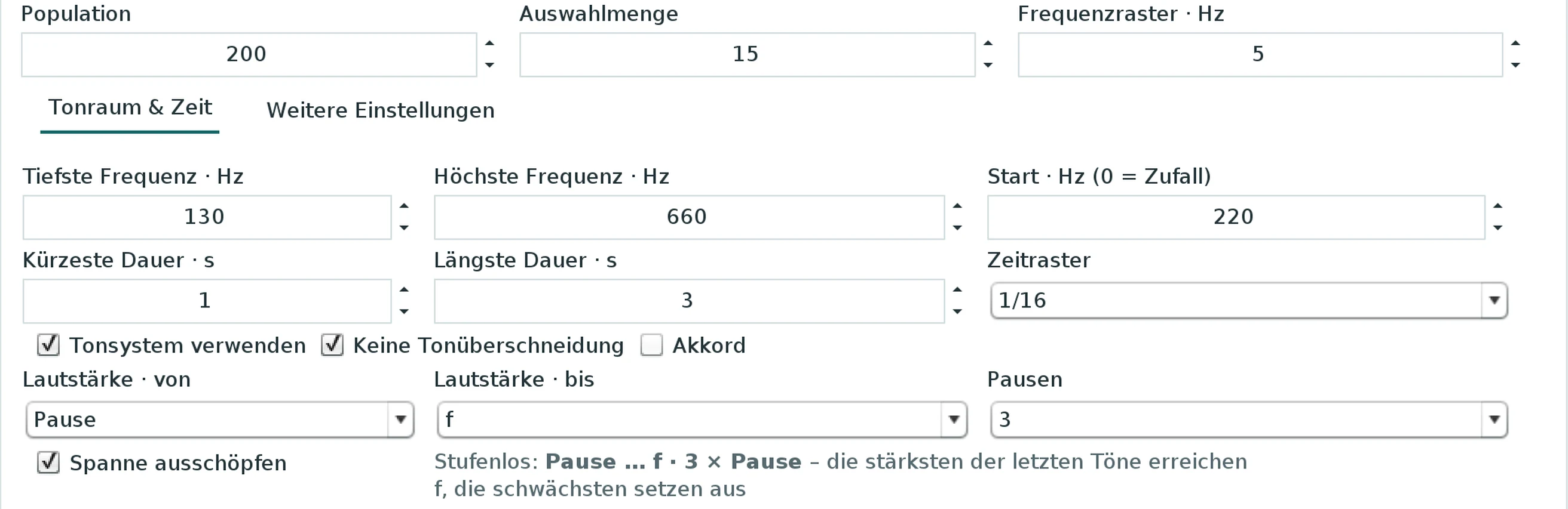 Tab “Feld A · links” of the Trio window, Tonraum & Zeit: below Tonsystem verwenden, Keine Tonüberschneidung and Akkord the row Lautstärke · von “Pause”, Lautstärke · bis “f”, Pausen “3”, below it Spanne ausschöpfen ticked and the line “Stufenlos: Pause … f · 3 × Pause – die stärksten der letzten Töne erreichen f, die schwächsten setzen aus”
