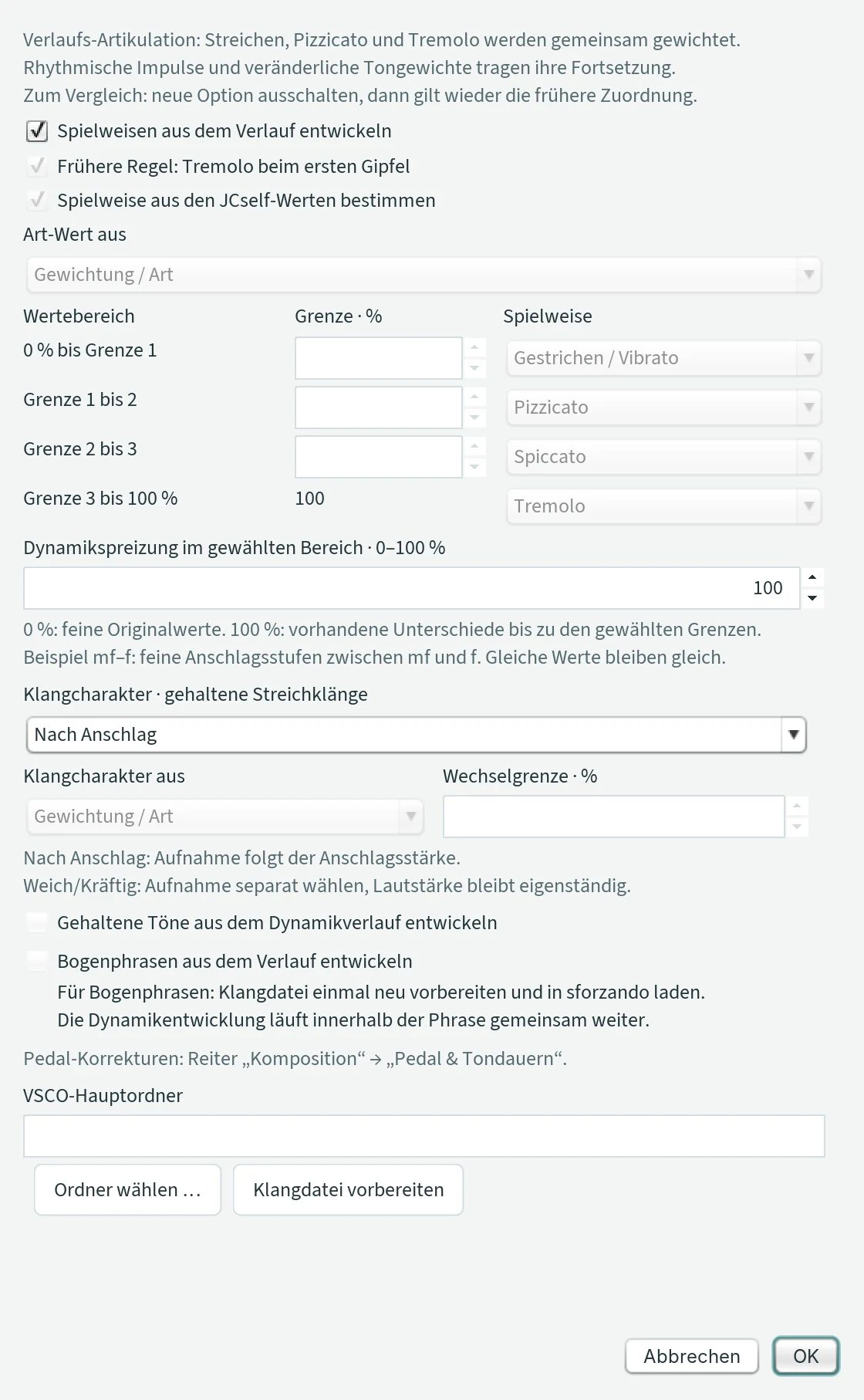 Fenster „Artikulation & Dynamik · Cello“ mit Spielweisen, Tabelle der Grenzen, Dynamikspreizung, Klangcharakter und VSCO-Hauptordner.