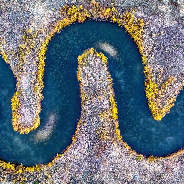 Ein Fluss windet sich in engen Schleifen um eine Landzunge, von oben gesehen.